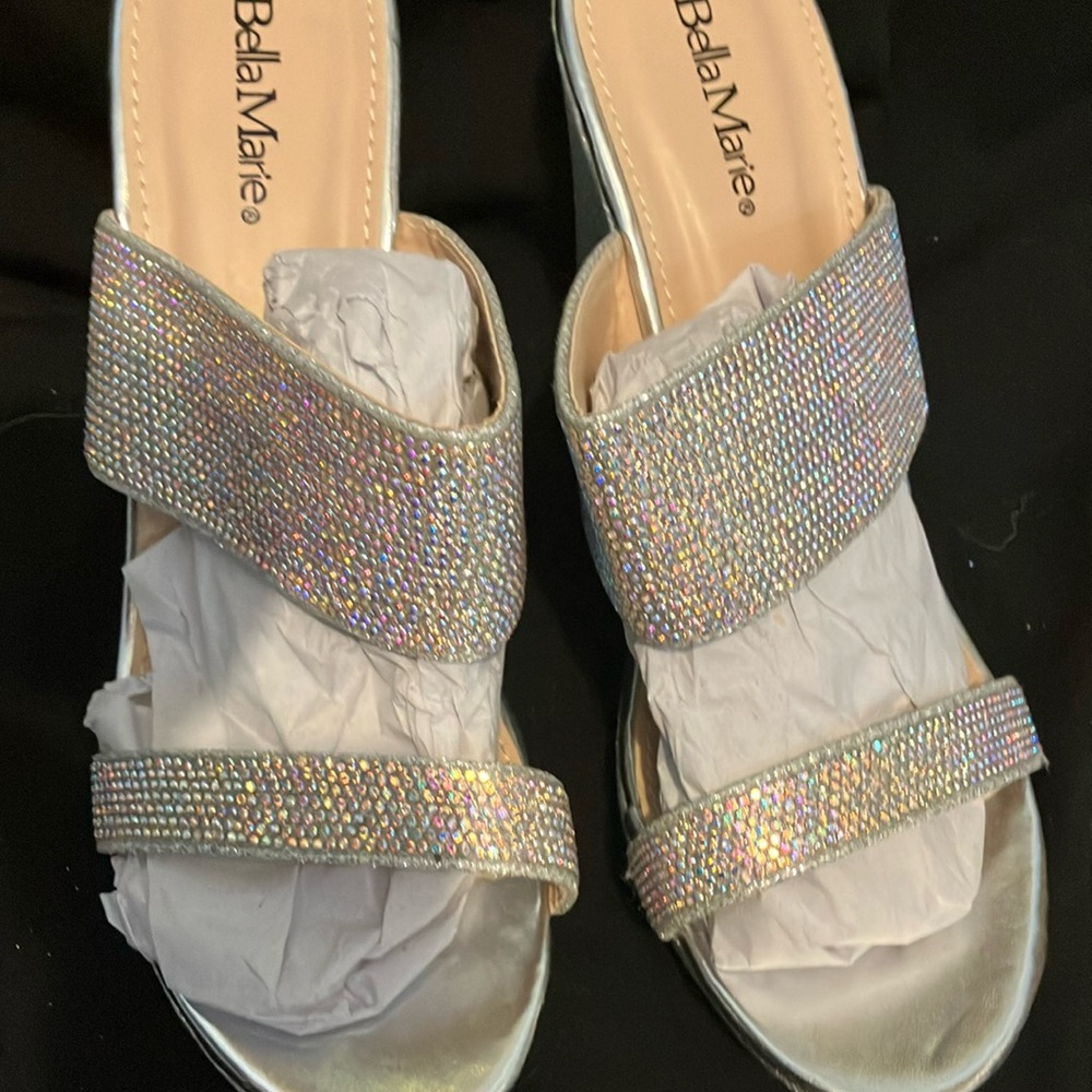Bella Marie Santo Women's Rhinestone Wedge Sandal Silver and peach